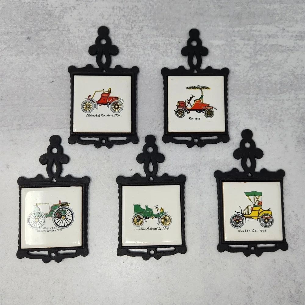 5 Small Cast Iron Ceramic Tile Trivets Antique Cars 6.75
